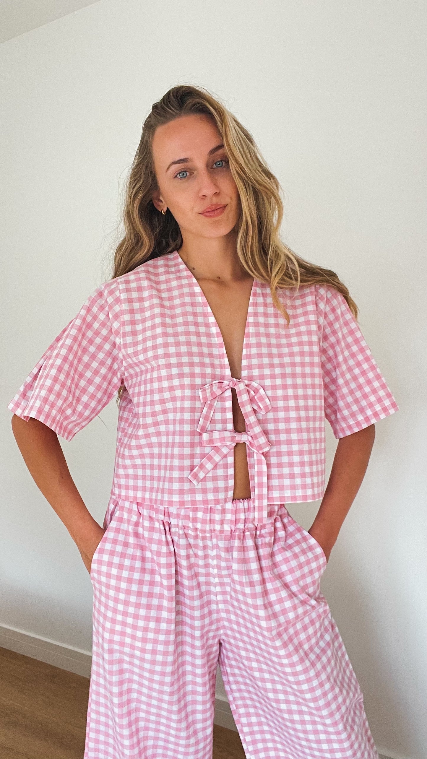 Pink Gingham Luna Top with Short Sleeves