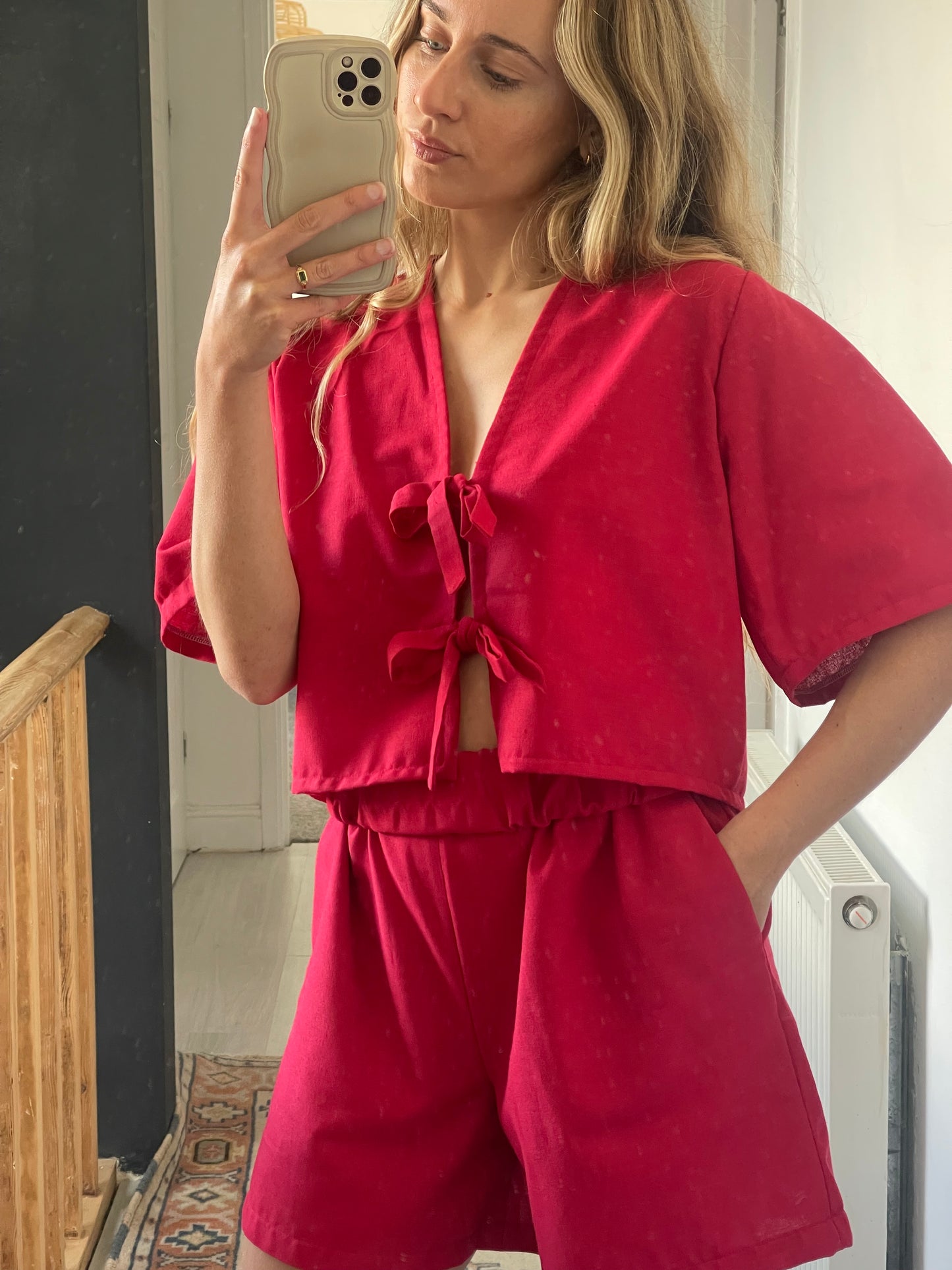 Linen-Blend Red Shorts