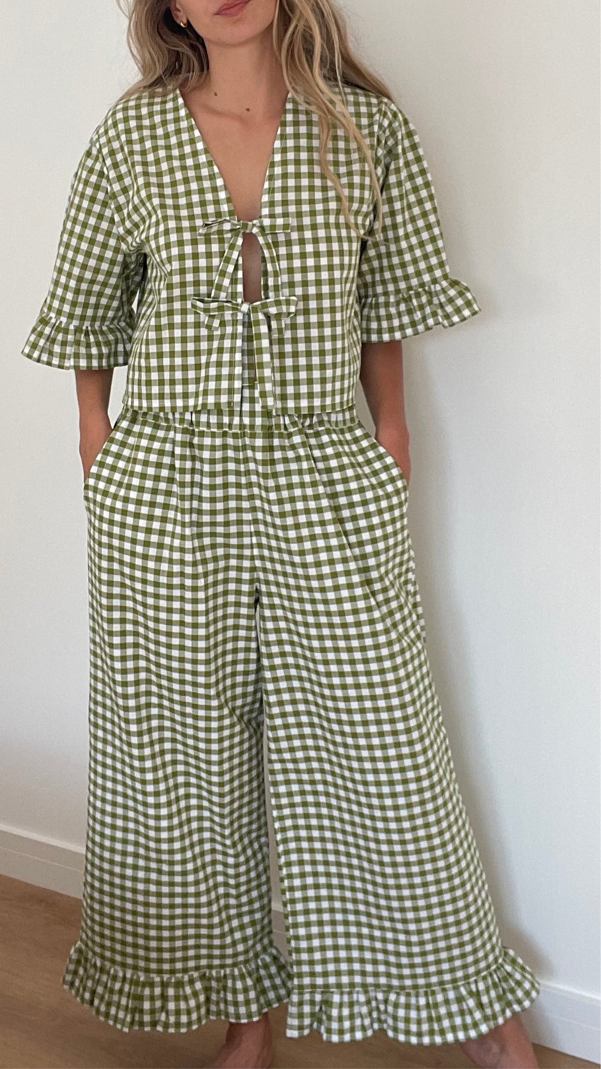 Green Gingham Luna Top with Frill Sleeve
