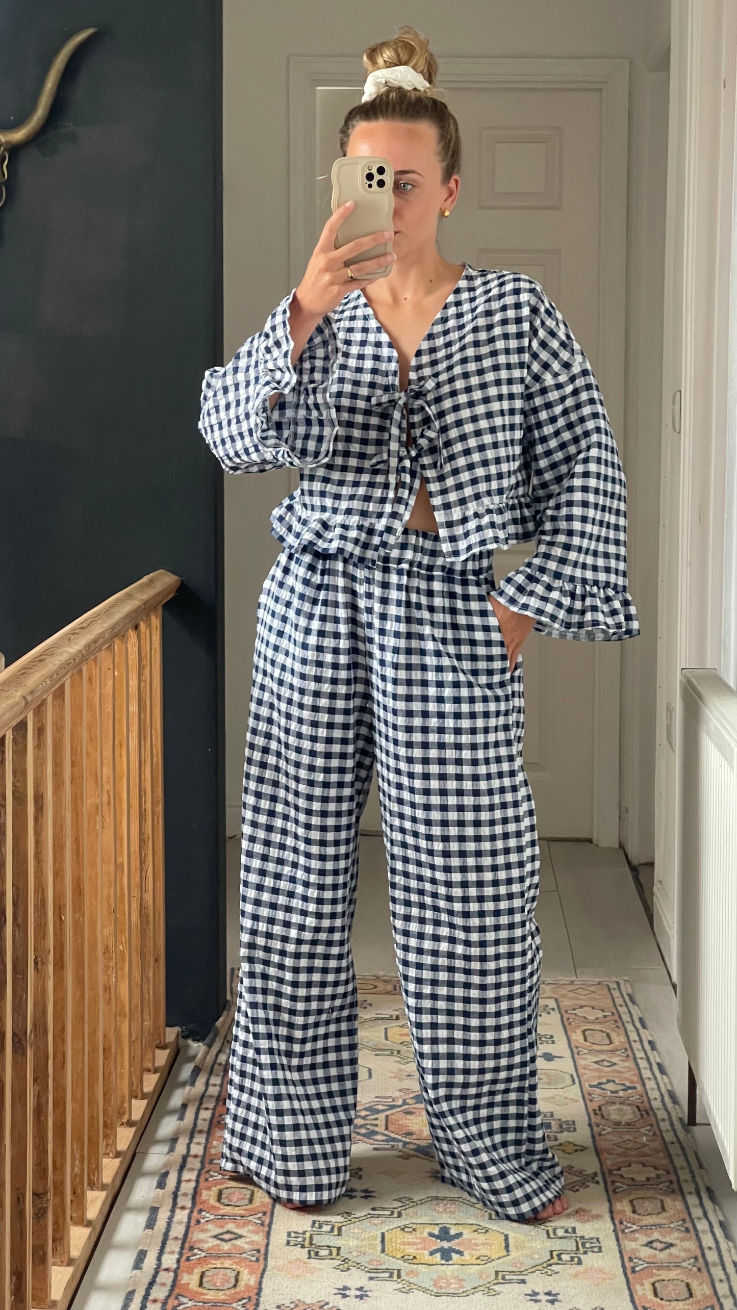 Navy Gingham Long Sleeve Top