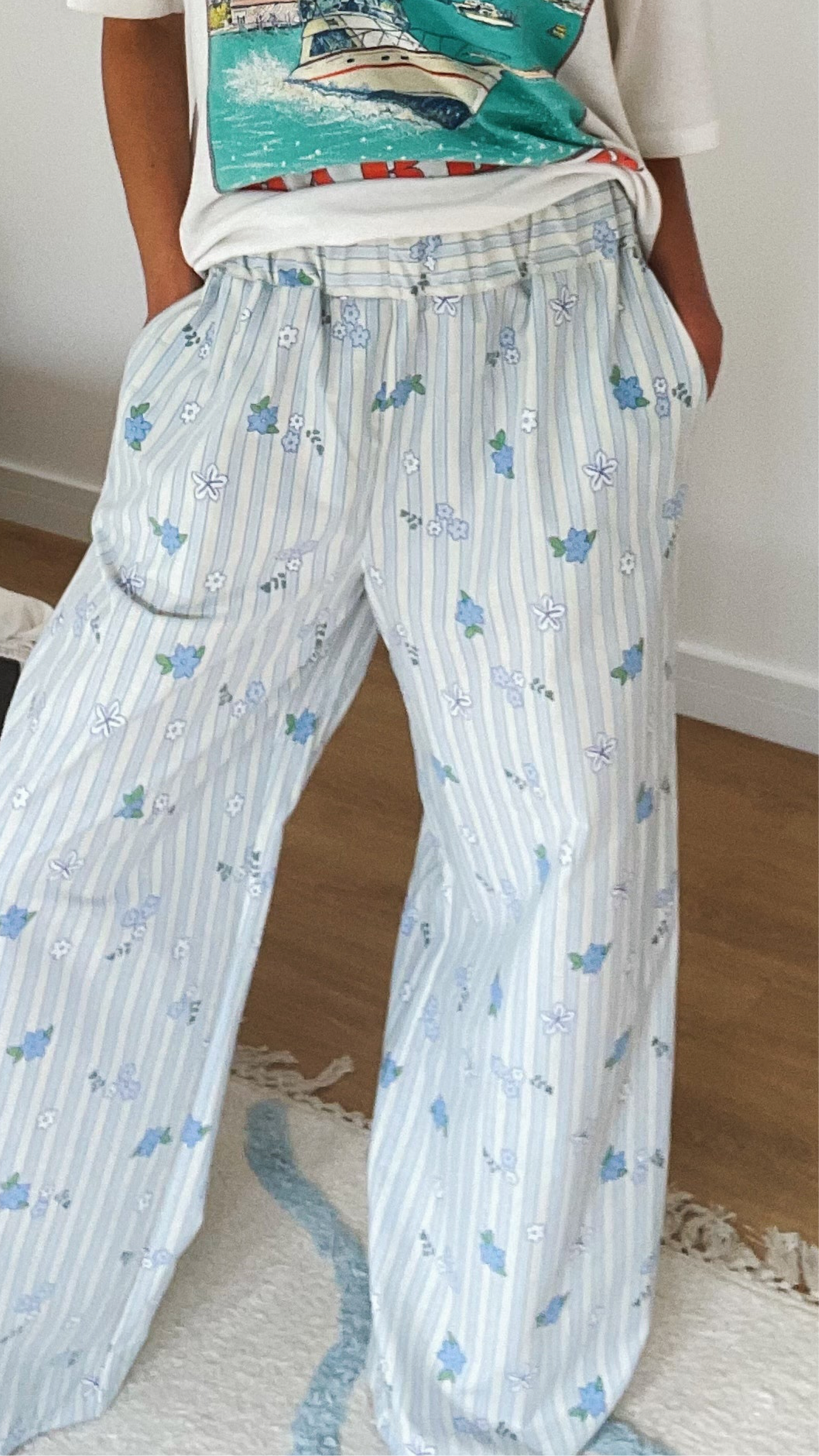 Blue & White Stripped Floral Trousers