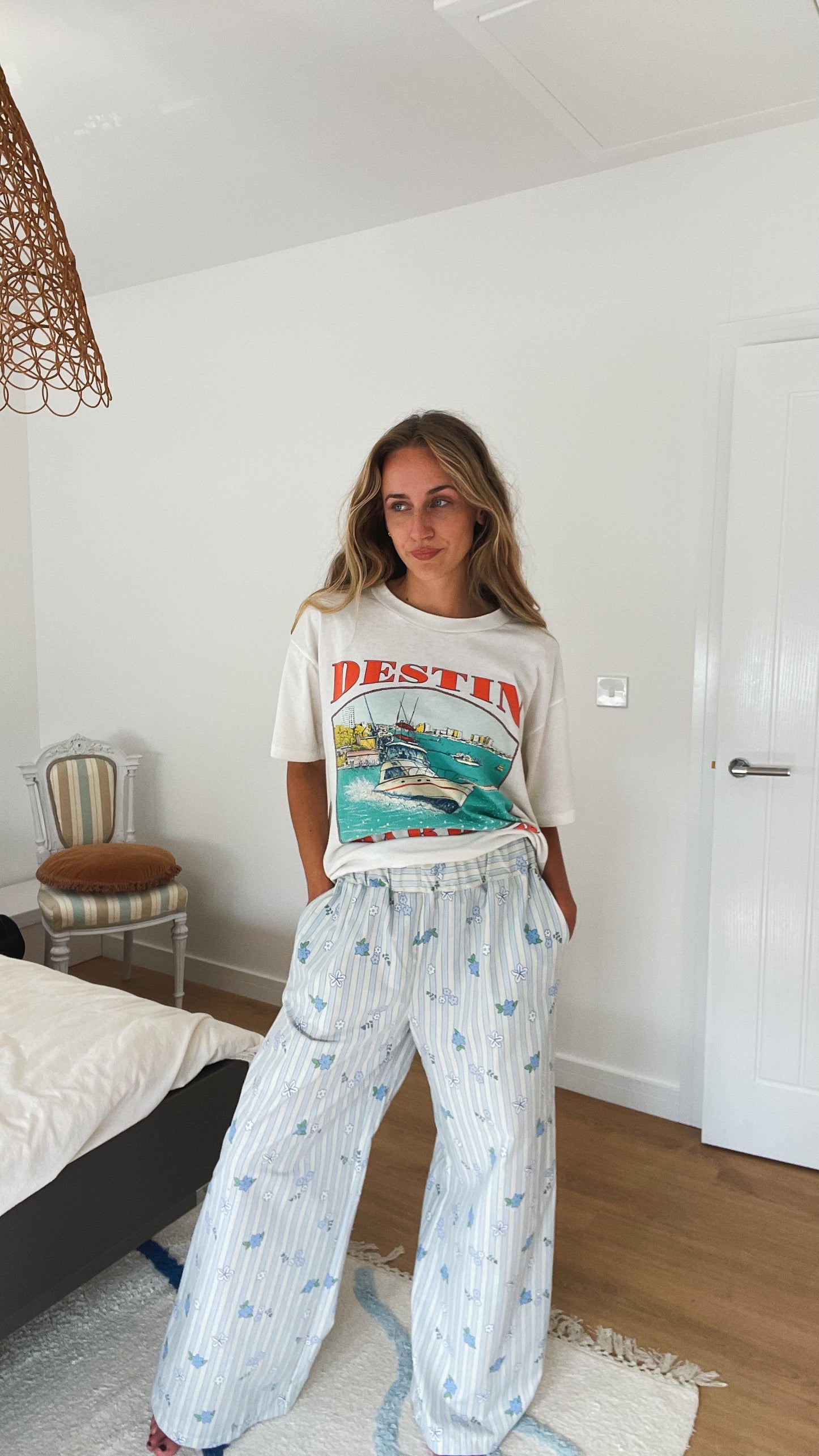 Blue & White Stripped Floral Trousers