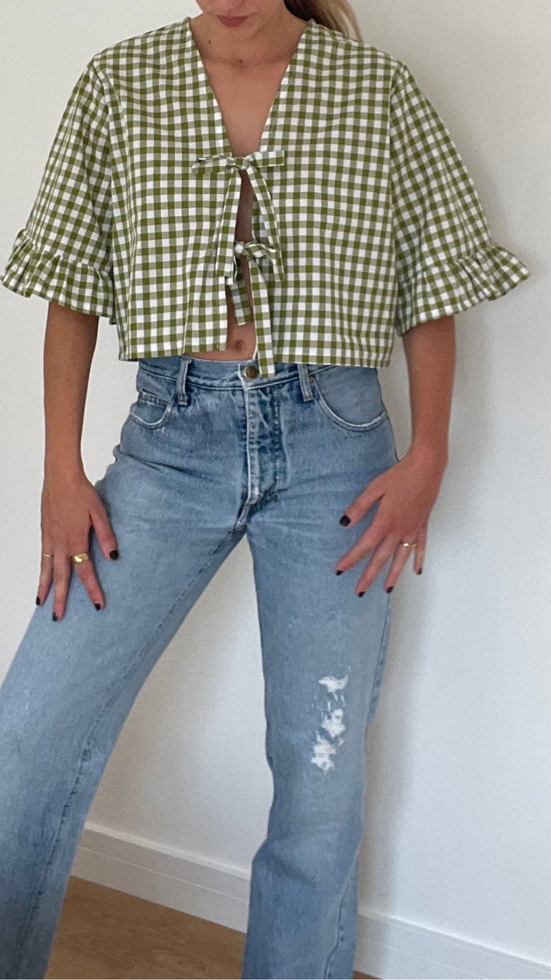 Green Gingham Luna Top with Frill Sleeve