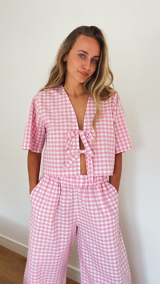 Pink Gingham Luna Top with Short Sleeves
