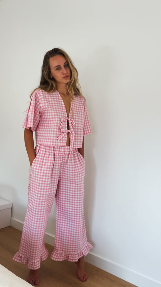 Elodie Pink Gingham Frill Trousers