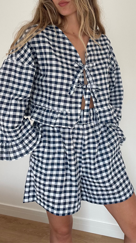 Navy Gingham Long Sleeve Top