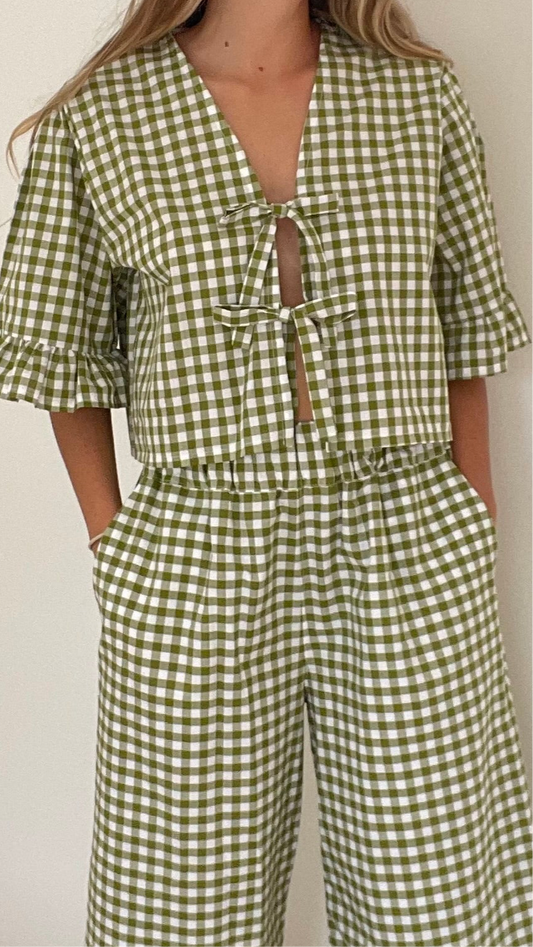Green Gingham Luna Top with Frill Sleeve