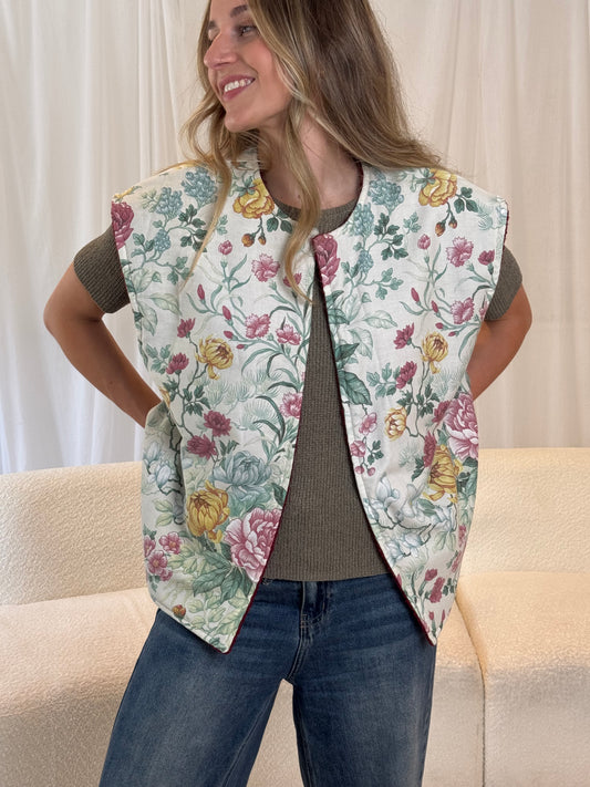 Eco-friendly maroon gilet vest from repurposed fabric